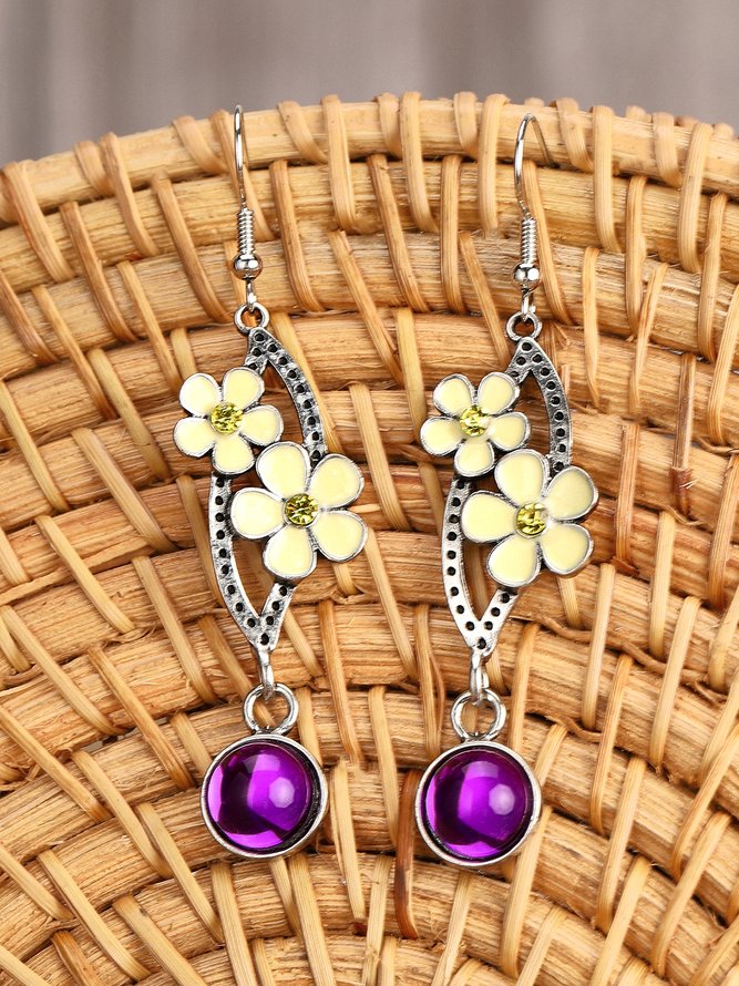 Vintage Style Yellow Flower Purple Stone Silver Earrings