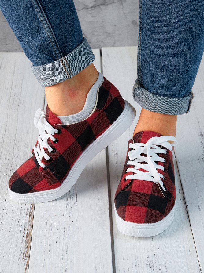 Christmas Red Plaid Black And White Plaid Leopard Casual Flat Shoes
