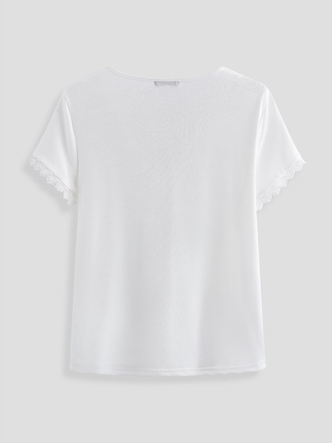 Lace Regular Fit V Neck Casual Short Sleeve T-Shirt