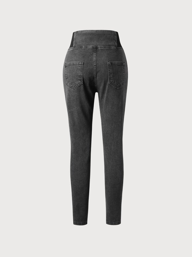 Women Casual Plain Autumn High Waist High Elasticity Daily Loose Plain Pocket Denim Jeans