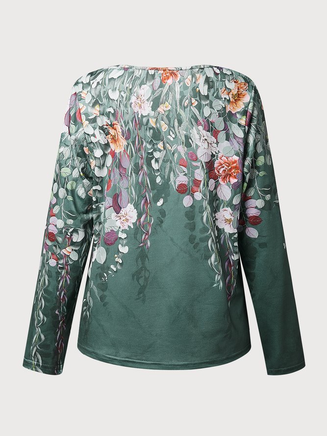 Casual Floral Autumn Daily Regular Fit Jersey Long sleeve Medium Elasticity Regular Size Tops for Women