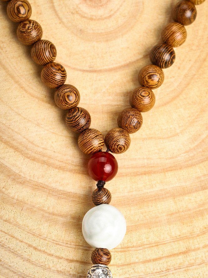 Vintage Casual Wooden Beaded Ceramic Pendant Necklace