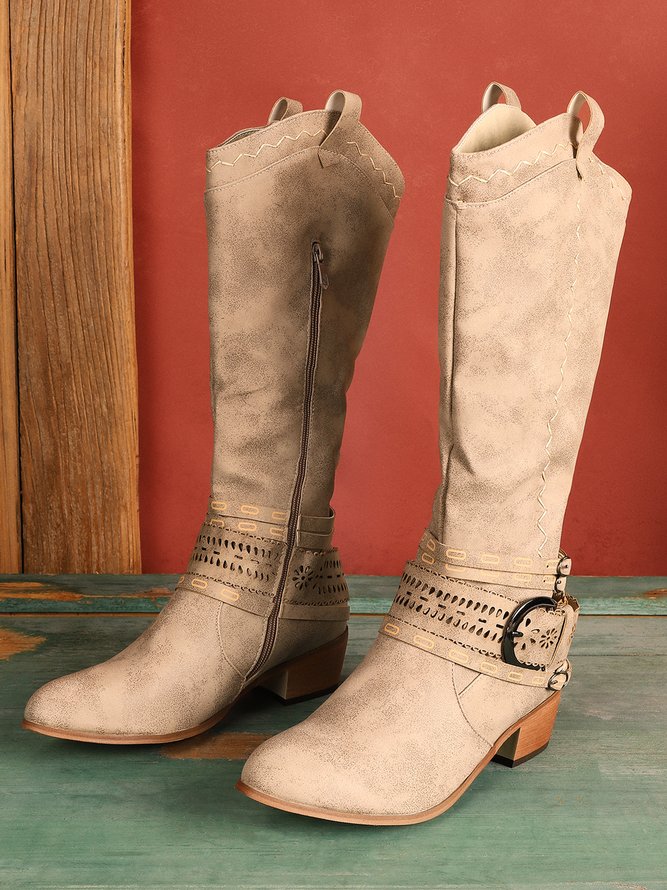 Light Khaki Suede Hollow-Out Casual Low Heel Spring/fall Cowboy Boot