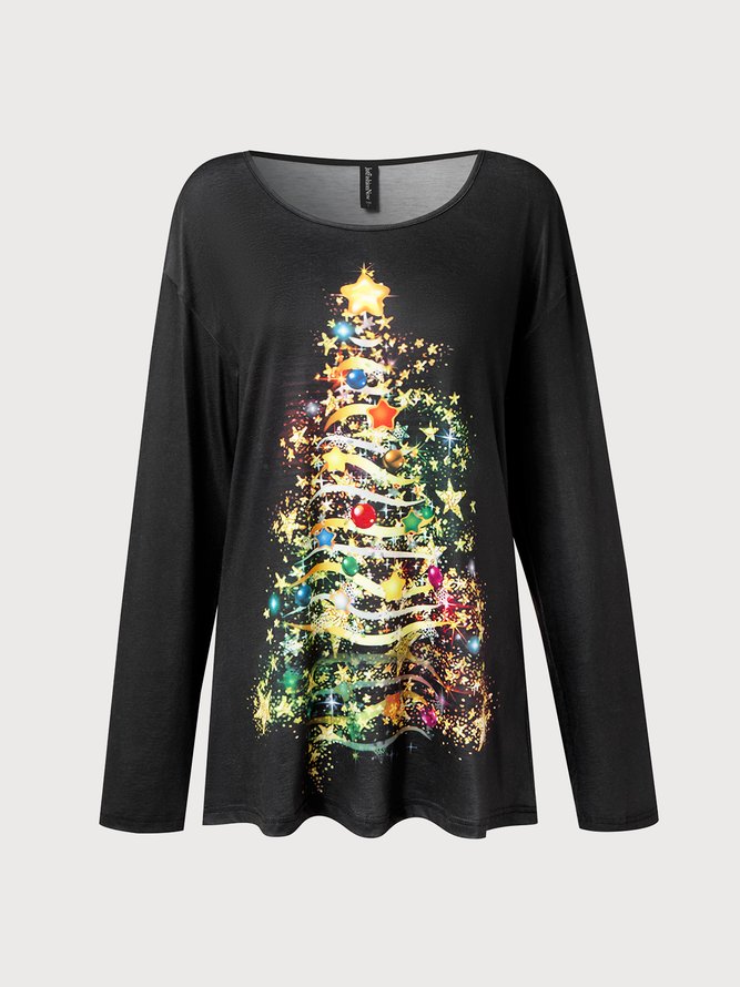 Casual crew neck Christmas tree top t-shirt female
