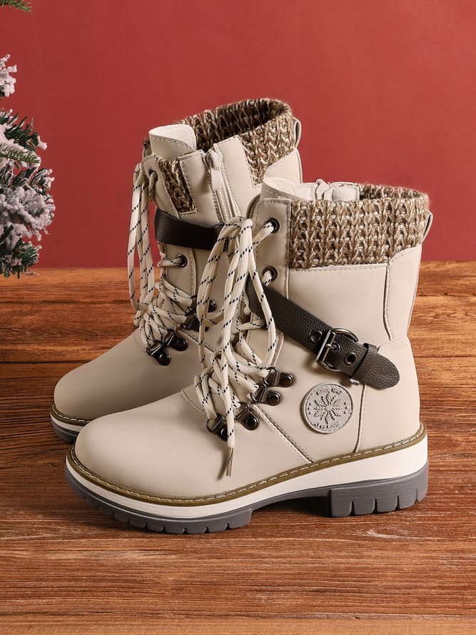 Wool Stitching PU Lace Buckle Middle Snow Boots