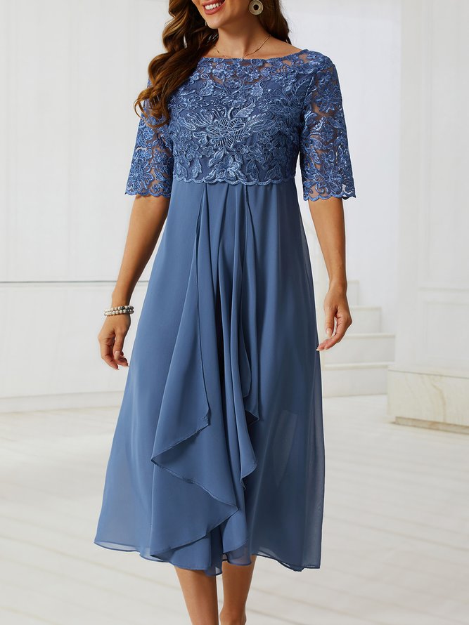 Women Plain Elegant Swing Lace Crew Neck Half Sleeve Holiday Vacation Dress