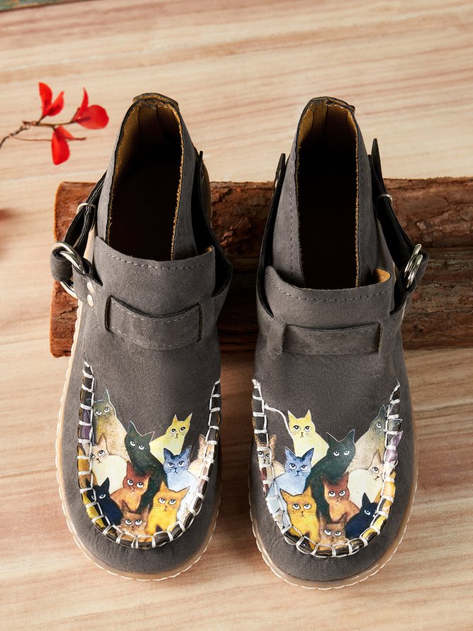 Cat Buckle Comfortable Soft Leather Short Boots Casual High Top Shoes