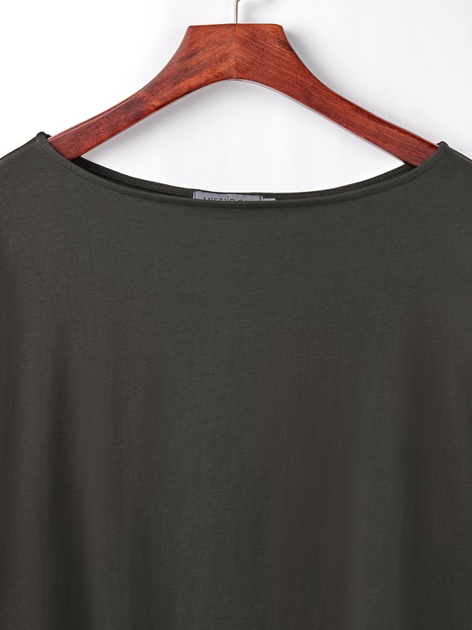 Women Solid High Low Round Neck Long Sleeve Shift Blouse&Shirt