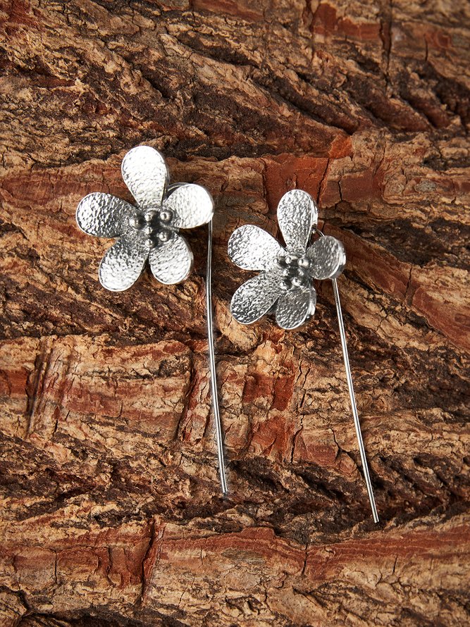 Boho Vintage Silver Floral Worn Earrings Ethnic Jewelry