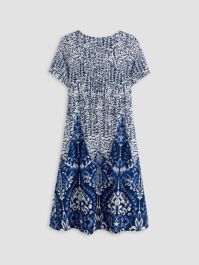 Vacation Round Neck Tribal Short Sleeve Floral Dress