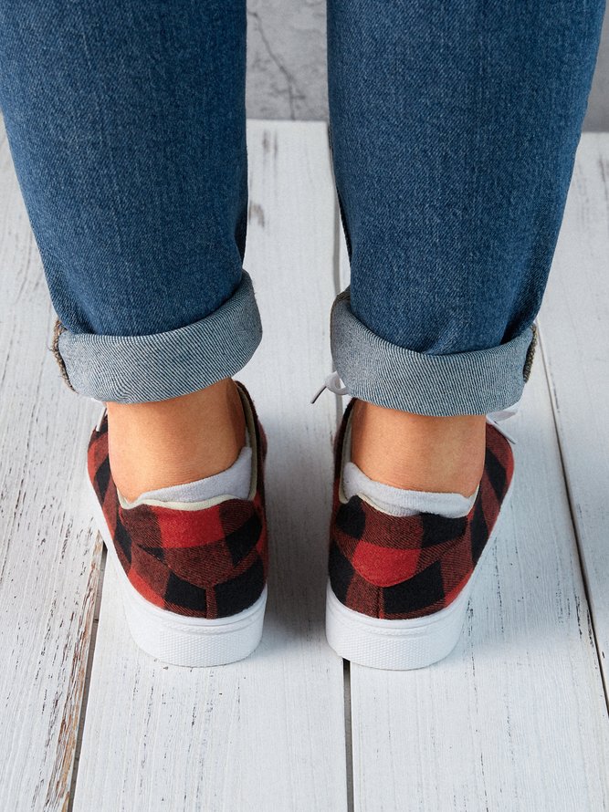 Christmas Red Plaid Black And White Plaid Leopard Casual Flat Shoes