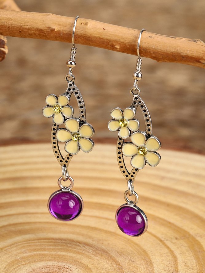 Vintage Style Yellow Flower Purple Stone Silver Earrings