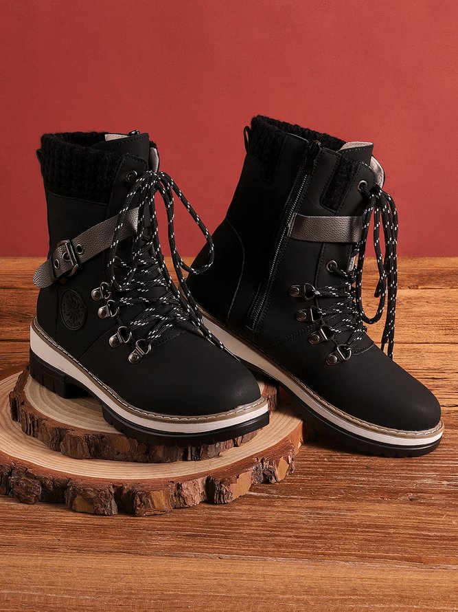 Wool Stitching PU Lace Buckle Middle Snow Boots