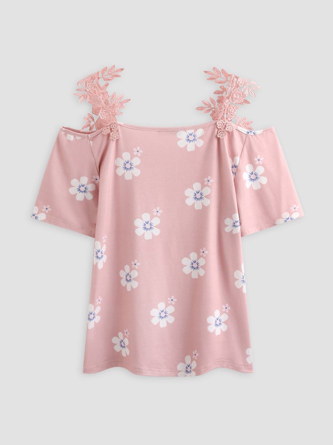 Floral Cotton Blends Lace V Neck Casual Shirt & Top