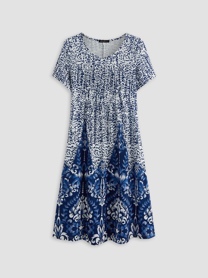Vacation Round Neck Tribal Short Sleeve Floral Dress