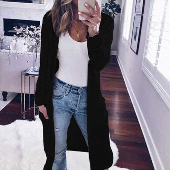 Casual Knitted Long Sleeve Plain Pocket Cardigan