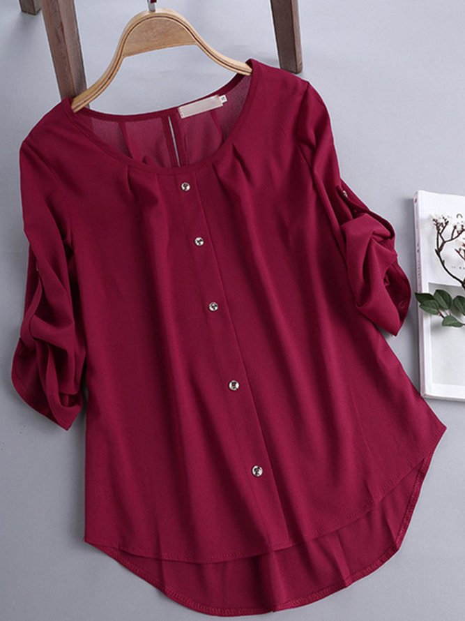 3/4 Sleeve Solid Casual Crew Neck Women Blouse