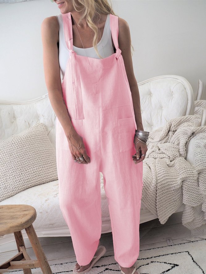 Cotton Pockets Casual Sleeveless Boyfriend Jumpsuits