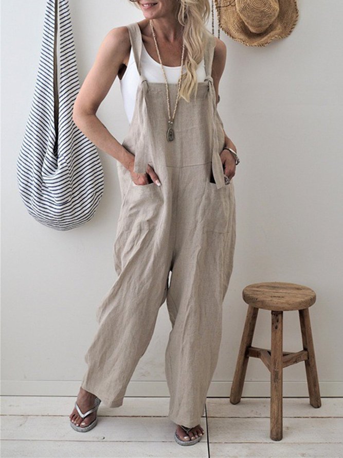 Cotton Pockets Casual Sleeveless Boyfriend Jumpsuits