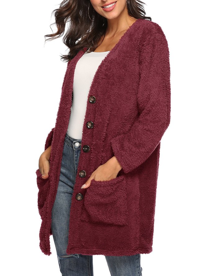 Cardigan - Fuzzy Plain Pockets Solid 2018 Winter Women Warmest Cardigan