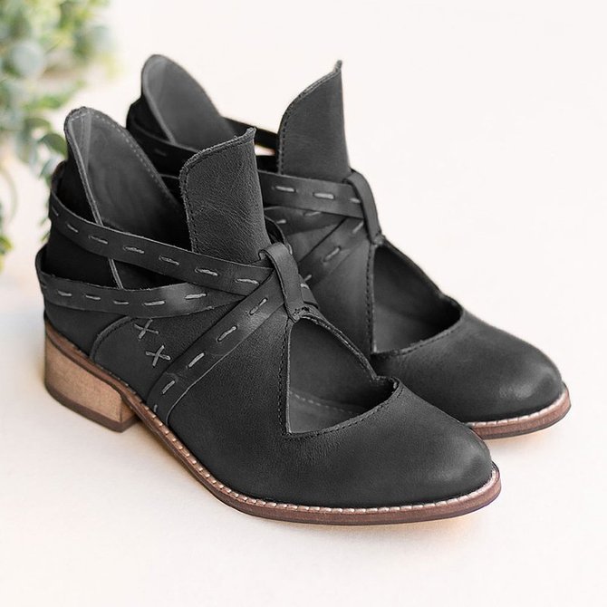 Daily Artificial Leather Low Heel Boots Hollow up Vintage Booties