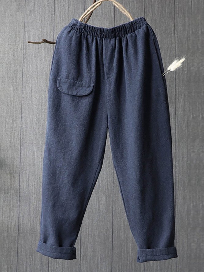 Women's New Solid Color Cotton Comfortable Casual Multi-bag Harem Pants