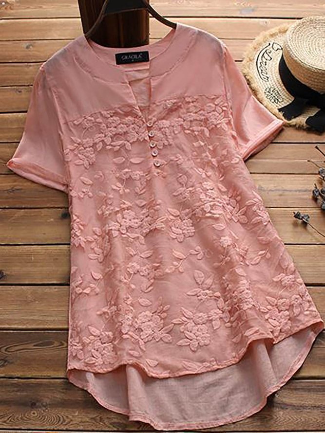 Vintage Short Sleeve Floral Embroidery Patchwork Blouse roselinlin