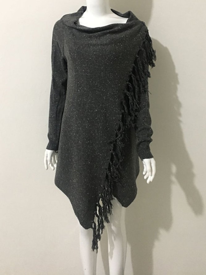 Long Sleeve Plain Knitted Fringed Cowl Neck Cardigan