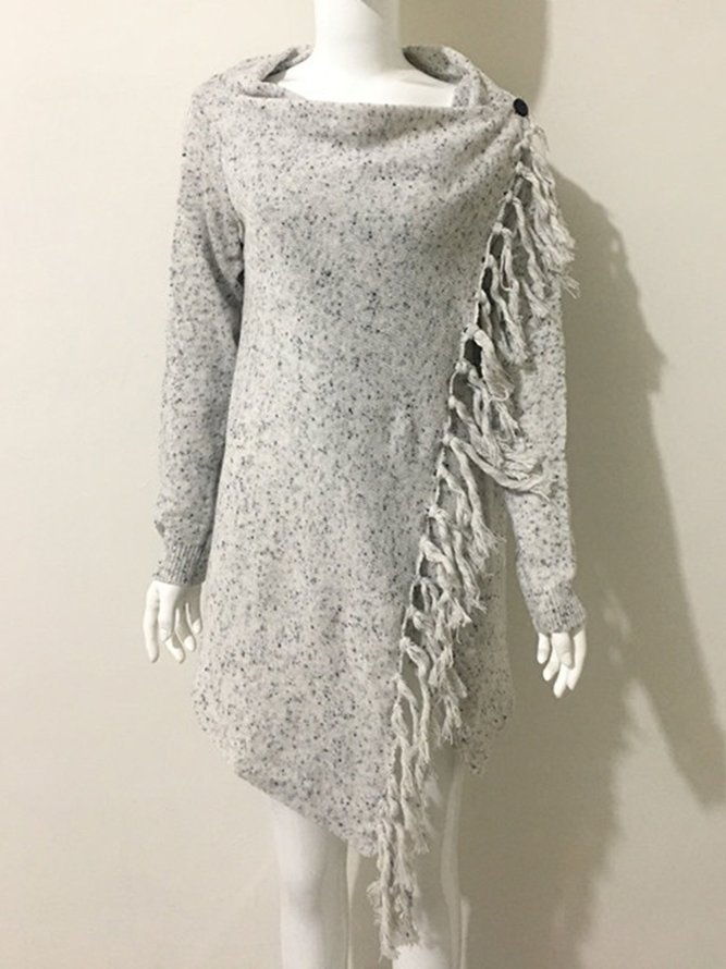Long Sleeve Plain Knitted Fringed Cowl Neck Cardigan