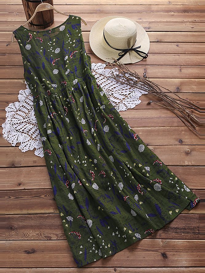Women Summer Sleeveless Vintage Floral Midi Women Dress