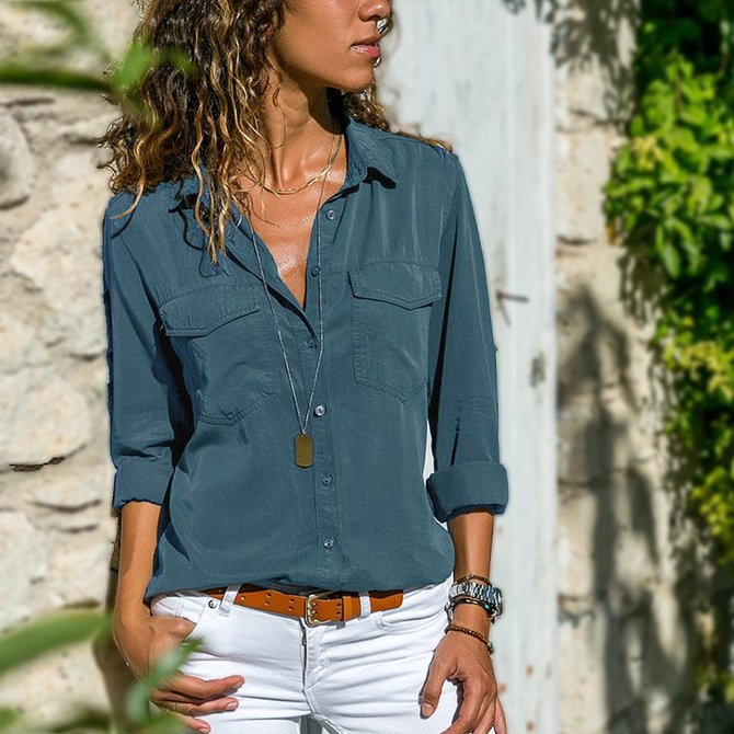 Cotton-Blend Solid Turn-Down Collar Shirt
