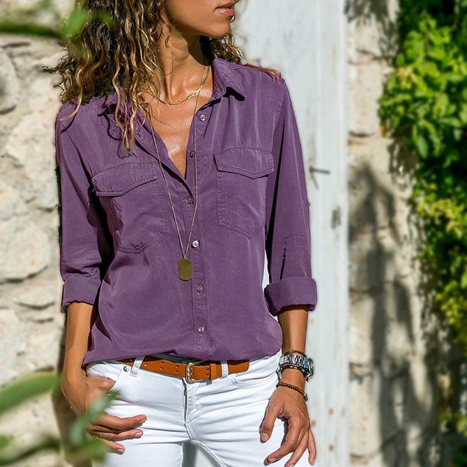 Cotton-Blend Solid Turn-Down Collar Shirt