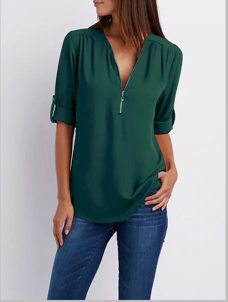 Zipper High Low Half Sleeve Casual Top blouse