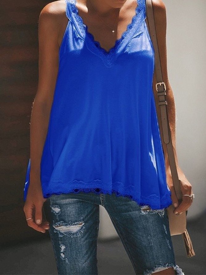 V Neck Paneled Spaghetti Stap Solid Lace Crochet Cami Top