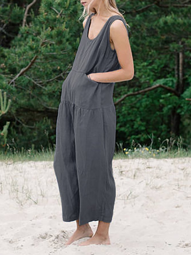 Women Causal High Rise Long Pants Sleeveless Cotton Jumpsuit | roselinlin