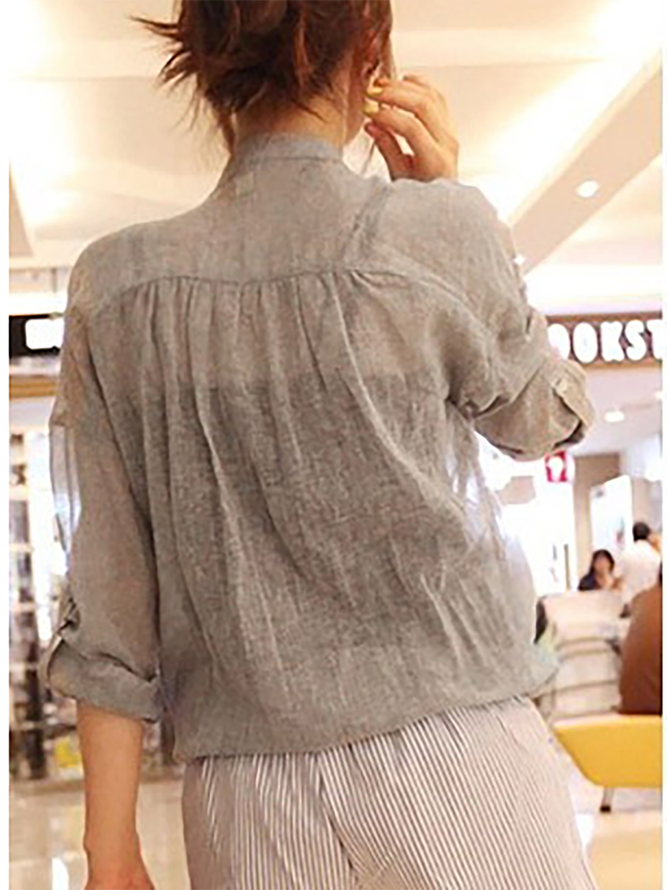 Women Causal Long Sleeve Solid Stand Collar Cotton Blouse