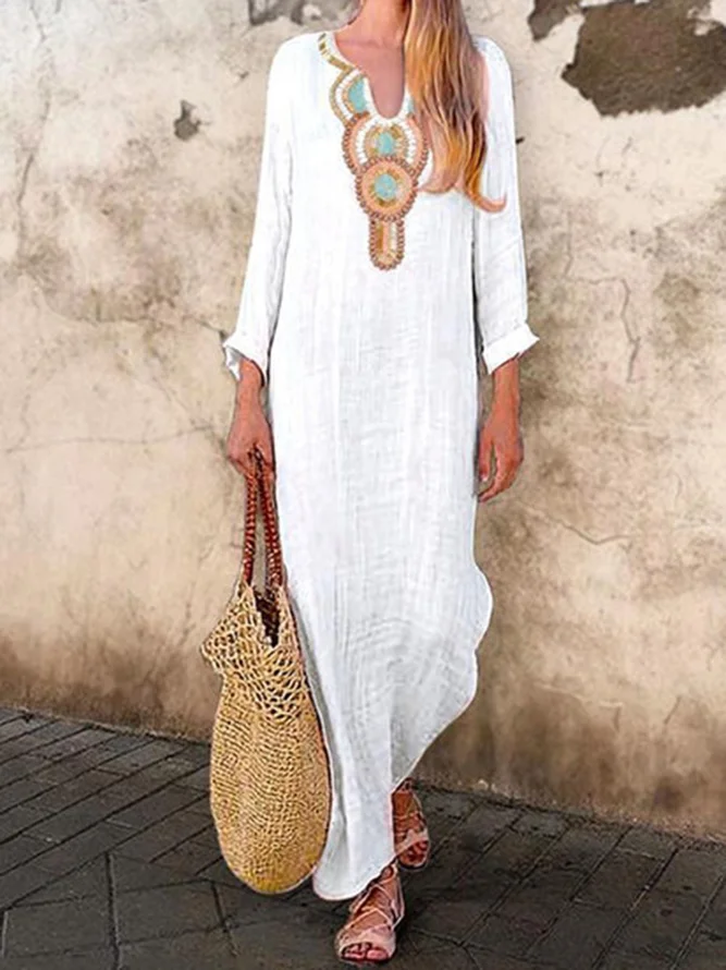 White Women Daily Casual Long Sleeve Tribal Spring Dress Dresses Roselinlin Plus Size V Neck Women Fall Dress Daily Dress Casual Cotton Blend Printed Tribal Dress Roselinlin