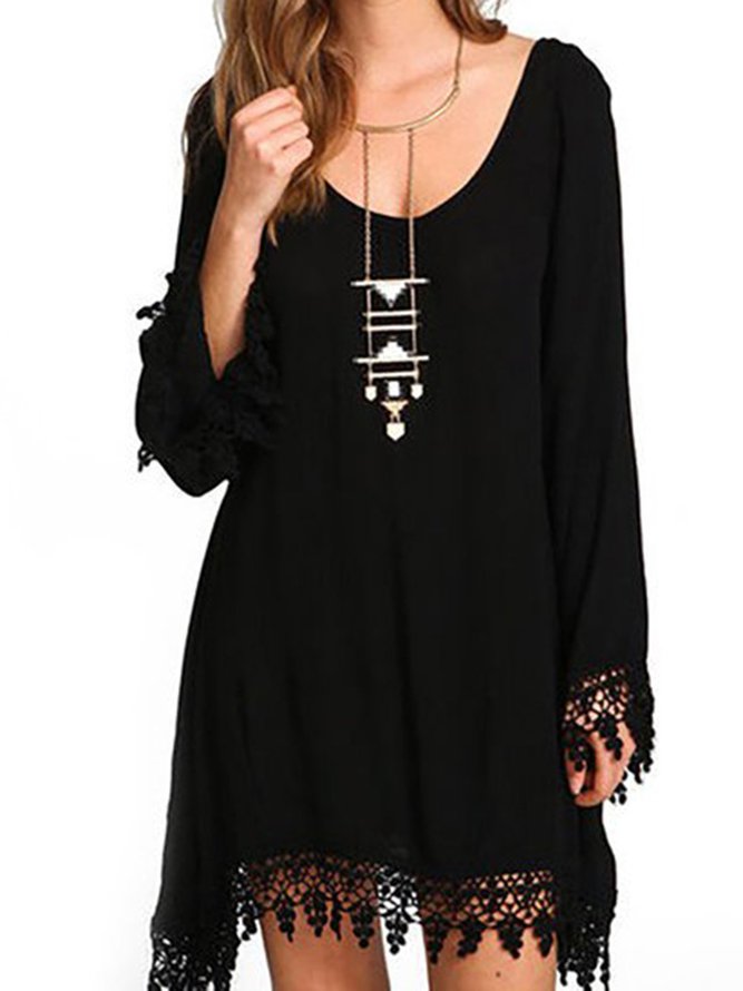 Black A-line Women Casual Long Sleeve Solid Casual Dress