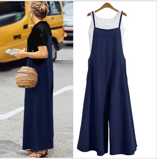 Sleeveless Cotton Casual Pants Pockets Tank Jumpsuits