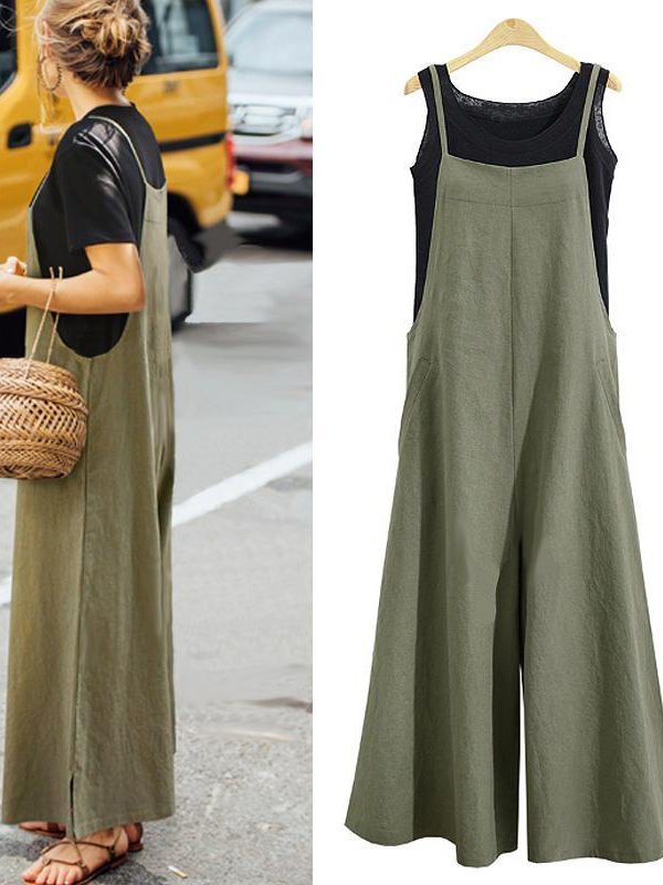 Sleeveless Cotton Casual Pants Pockets Tank Jumpsuits