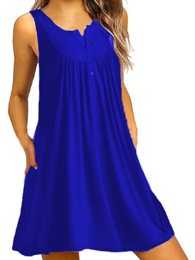 Crew Neck Women Summer Knitting Dress Shift Beach Casual Buttoned Knitting Dress