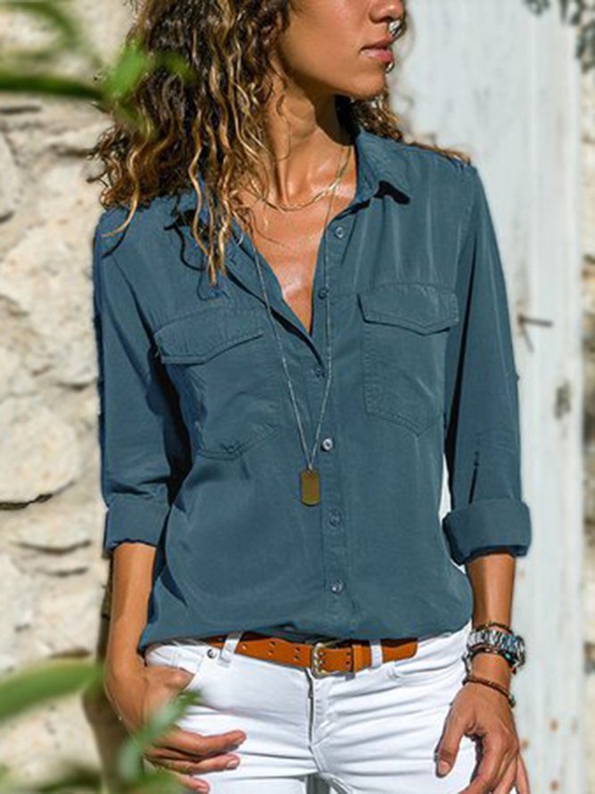 Cotton-Blend Solid Turn-Down Collar Shirt