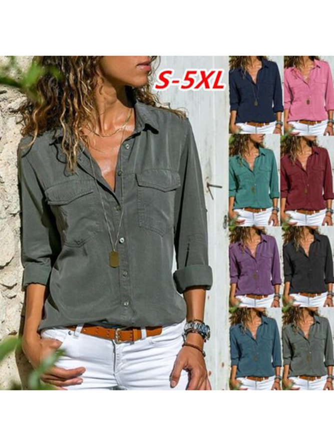 Cotton-Blend Solid Turn-Down Collar Shirt