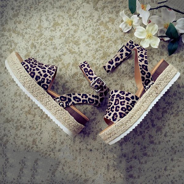 leopard espadrilles flatform wedge buckle open toe sandals