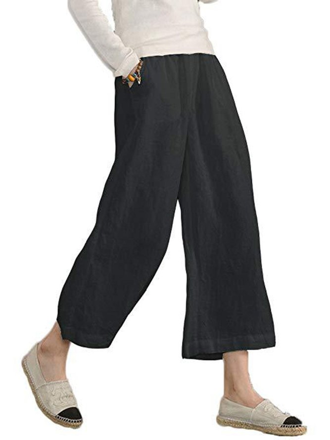 Womens Casual Loose Pockets Elastic Waist Cotton Linen Trousers Cropped Wide Leg Pants