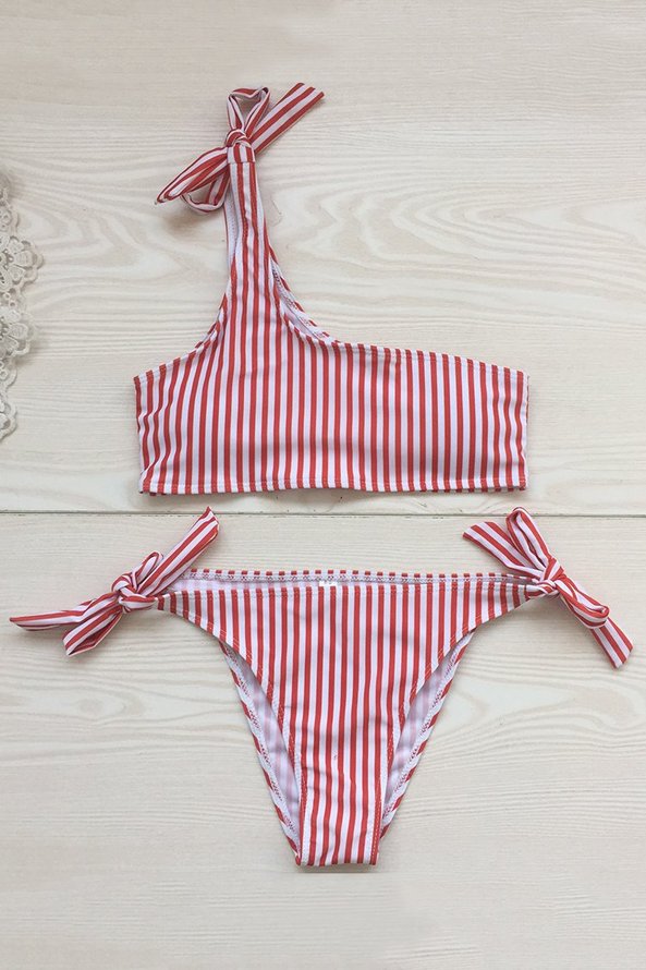 Striped One Shoulder Bikini Set | roselinlin