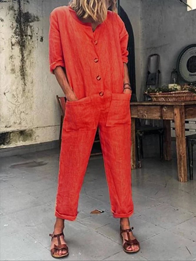 Orange Buttoned Solid Casual Long Sleeve Jumpsuits
