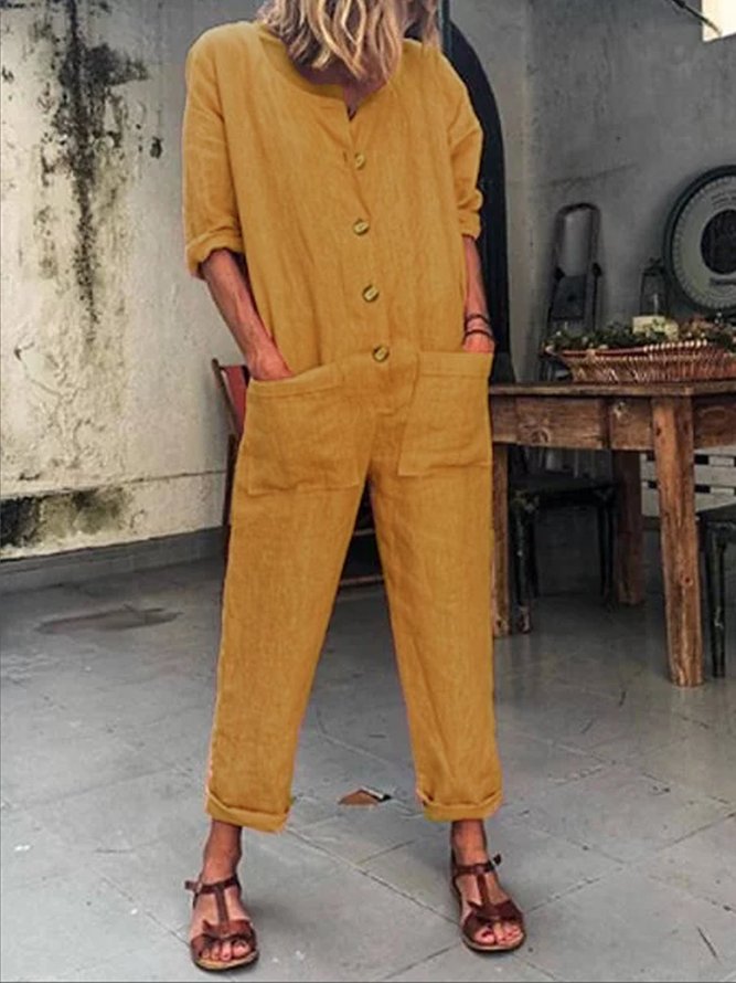 Orange Buttoned Solid Casual Long Sleeve Jumpsuits