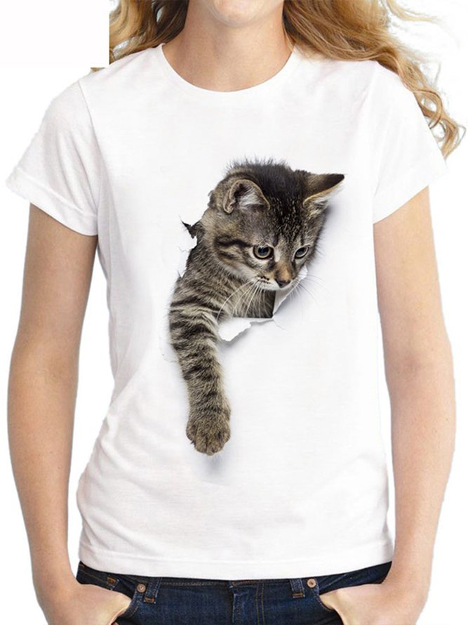 Women Summer Tops Funny 3D Cat Printed Tee Casual T Shirt Short Sleeve Tees Blouse