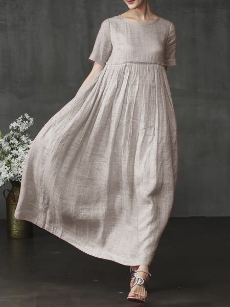 Women Solid Short Sleeve Crew Neck Shift Corduroy Dress